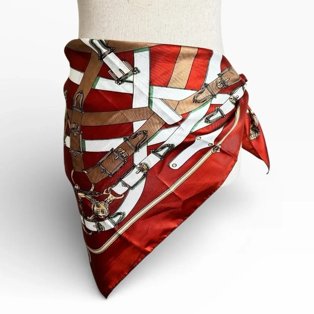 Vintage Orange and Brown Equestrian Belt Buckle Square Scarf